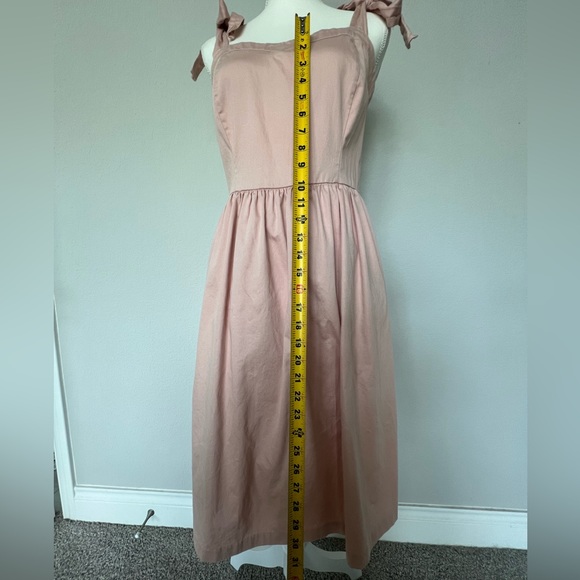 Cotton Dusty Powder Pastel Pink Ruffle Bow Tie Strap Summer Ballerina Midi Dress - Picture 5 of 10